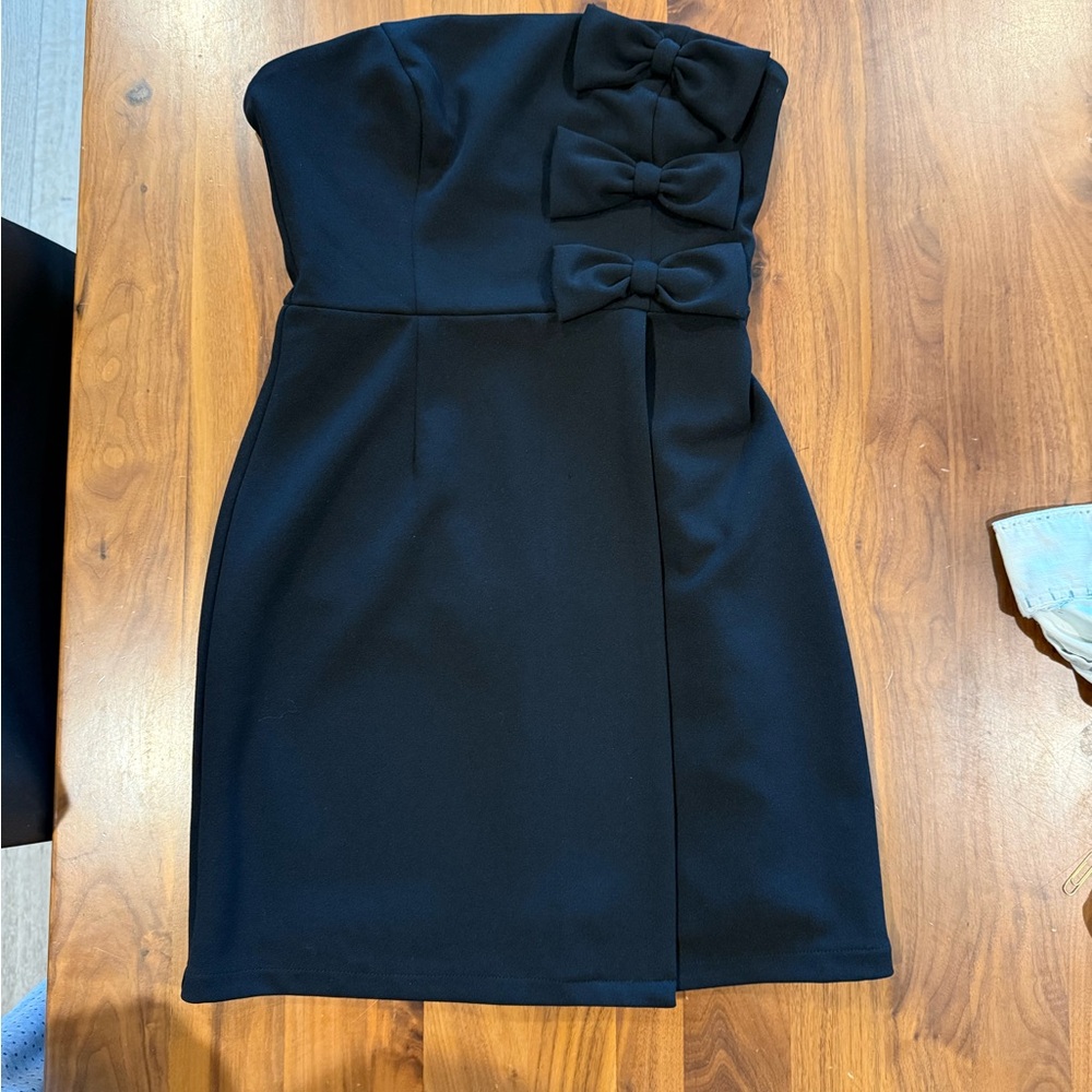 Aqua Black Strapless Dress with Bow Accents